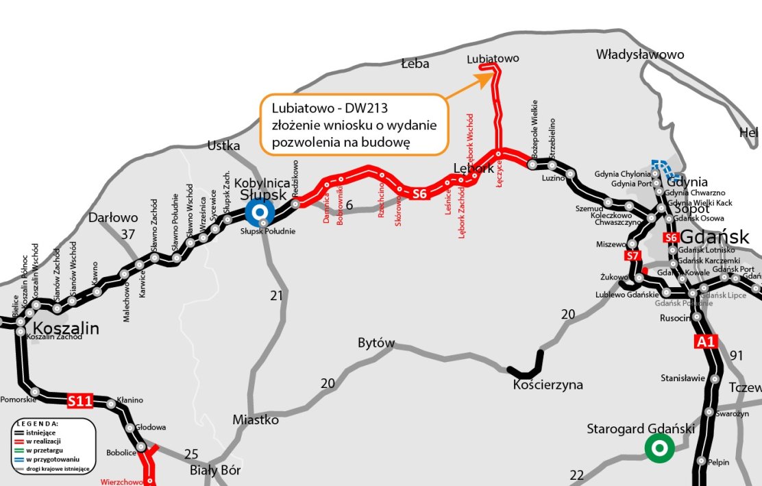 Odcinki trasy szybkiego ruchu wzdłuż wybrzeża już przejezdne - stan na marzec 2026 r., na czerwono zaznaczono odcinki będące w budowie. S6 według GDKKiA ma być cała dostępna już na wakacje 2026 r.